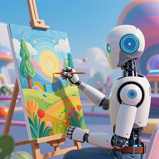 CGI image of a white, blue-eyed robot with glowing circular eyes, painting a colorful, vibrant landscape on an easel outdoors.