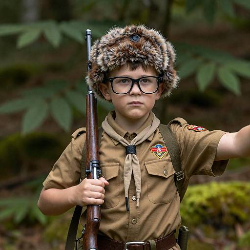 Serious Boy Scout in Forest Setting