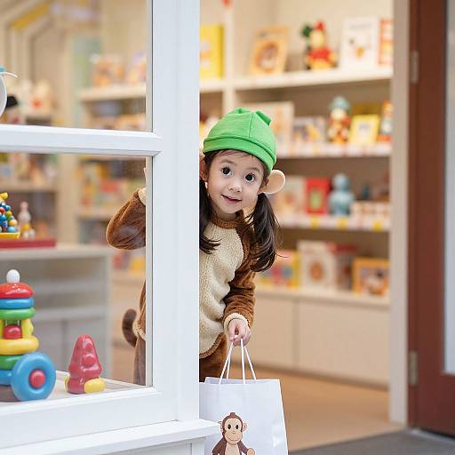 Photograph of a young Asian girl with monkey ears in a green hat, brown sweater, and white bag, shopping in a brightly lit toy store,
