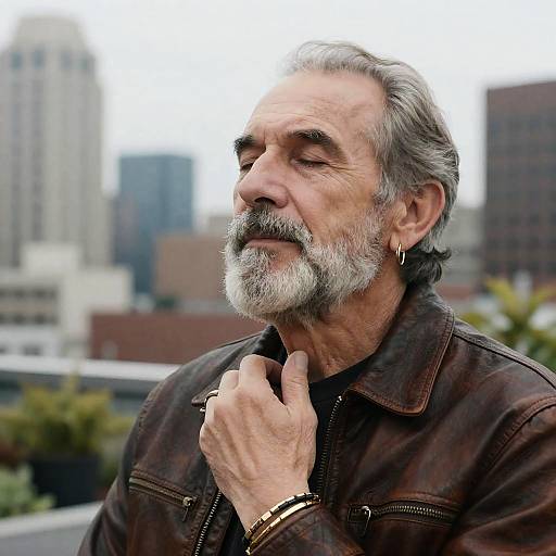 Elderly Man in Leather Jacket on Urban Rooftop