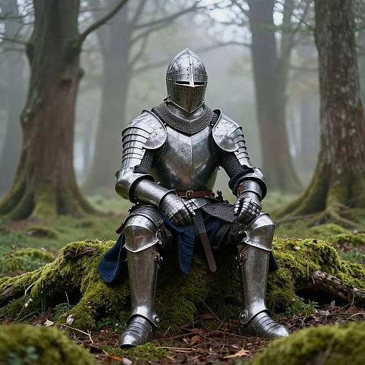 Photograph of a medieval knight in shiny silver armor, helmet on, sitting on moss-covered log in foggy forest.