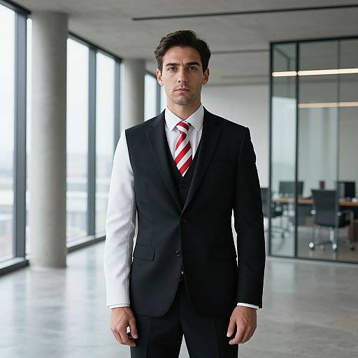 Photograph of a serious-looking man with short dark hair, wearing a black suit, white shirt, and red and white striped tie, standing in a