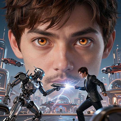 CGI image of a man with intense orange eyes, wearing a black suit, dueling a robotic opponent in a futuristic cityscape. Bright lightning crack
