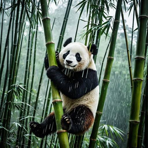 Panda Climbing in Monsoon Forest Scene Panda Climbing in Monsoon Forest Scene