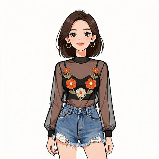 Digital anime-style drawing of a smiling woman with short brown hair, wearing a sheer black floral top and blue denim shorts.