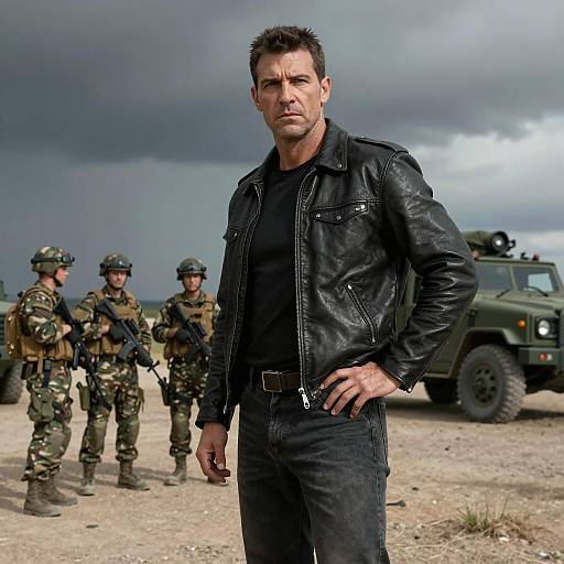 Rugged Man with Soldiers in Desert Landscape