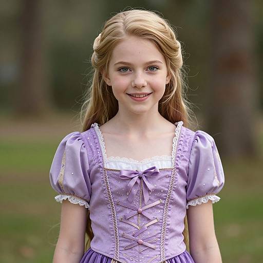 Photograph of a young blonde girl with fair skin, wearing a lavender medieval-style dress with white lace trim, smiling in a forest.