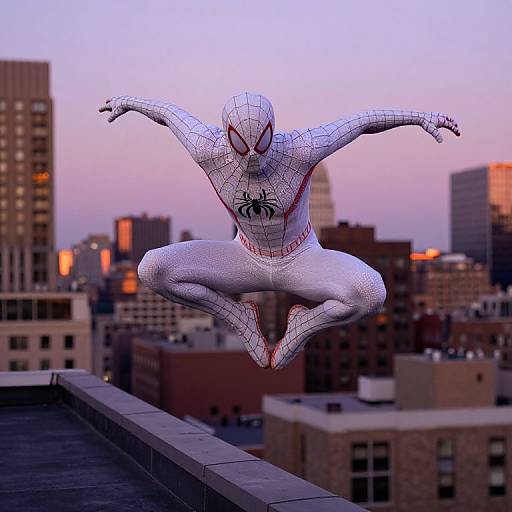 Photograph of Spider-Man in white, web-patterned suit, mid-air leap over city rooftop at sunset, with skyscrapers and orange lights in