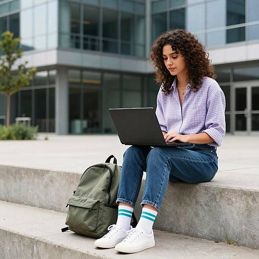 Young Woman Studying on Concrete Ledge
