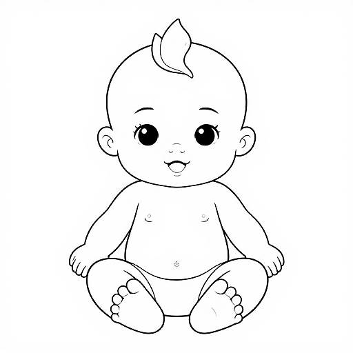 Black-and-white line drawing of a cute, chubby baby with a small tuft of hair, large round eyes, and a happy expression, sitting cross