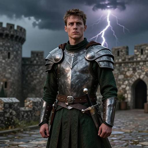 Photorealistic CGI of a stern, young male knight in shiny silver armor, standing in a stormy, castle courtyard with lightning.
