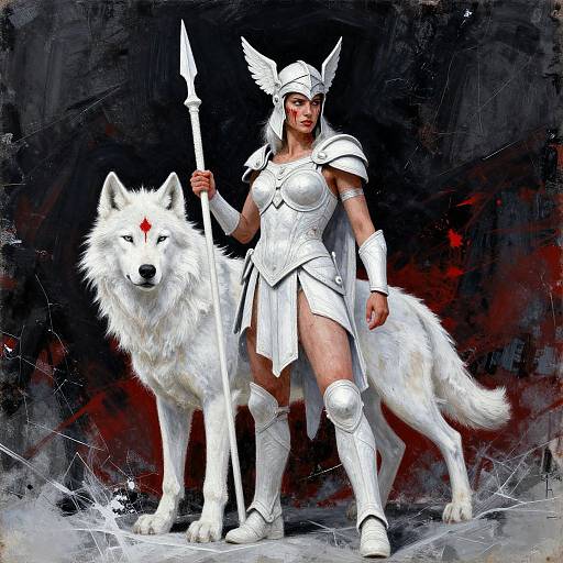 Digital art of a fierce armored woman with white helmet and armor, standing beside a white wolf with red markings, holding a spear, against a dark,