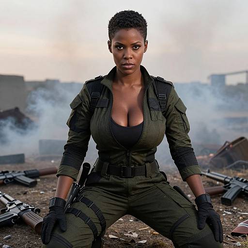 Photograph of a strong, dark-skinned woman with short curly hair, wearing a tactical green jumpsuit, black gloves, and holding a gun,