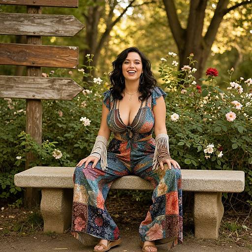 Photograph of a smiling woman with dark wavy hair, wearing a low-cut, colorful patchwork jumpsuit and striped bracelets, sitting on a stone