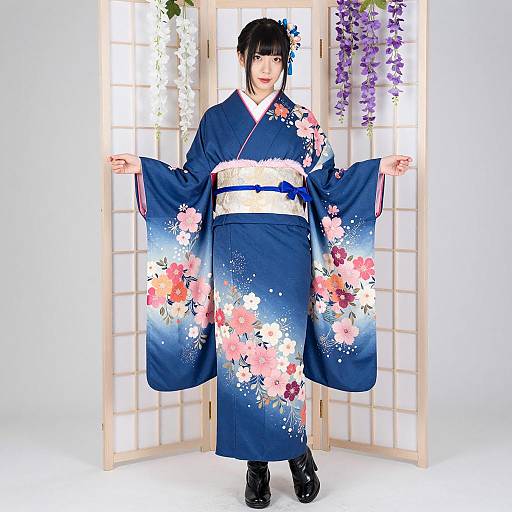 Elegant East Asian Woman in Floral Kimono