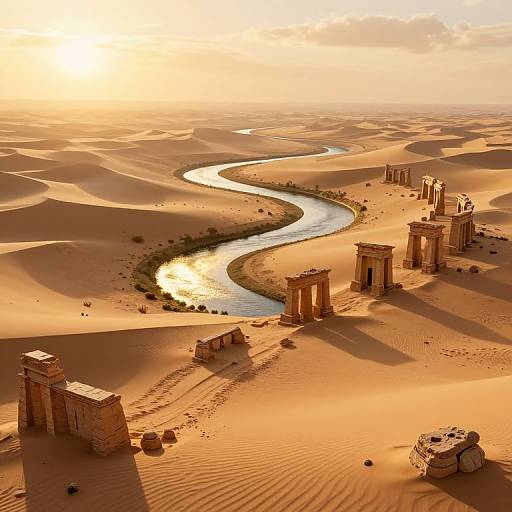 Photorealistic CGI of ancient ruins beside a winding river in a golden desert at sunset, with sand dunes and scattered stones.
