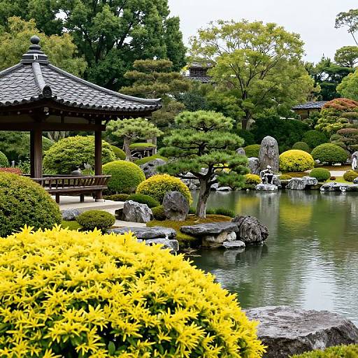Photograph of a serene Japanese garden with a traditional wooden pavilion, lush greenery, yellow flowering bushes, calm pond, and rocks.