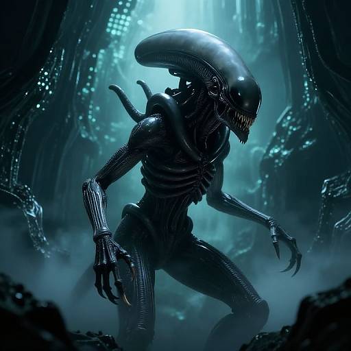 Digital art of a black, alien Xenomorph with a glossy, elongated head, standing in a dark, futuristic, blue-lit spaceship interior