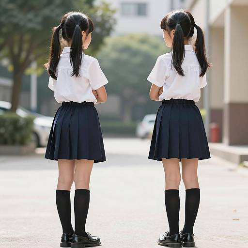 Schoolgirls in Uniforms with Pigtails