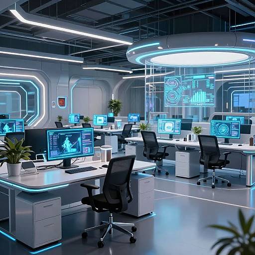Photograph of a futuristic, high-tech office with blue-lit computer screens, white desks, black chairs, and sleek, illuminated walls.