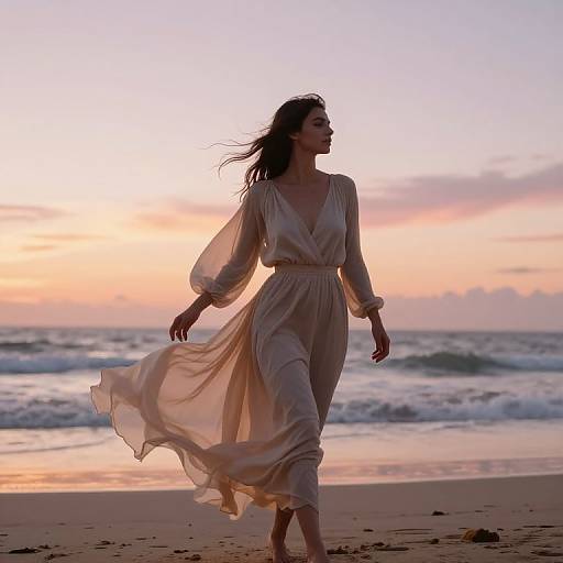 Photograph of a woman in a flowing, translucent white dress walking on a beach at sunset, waves in background, sky in soft pink and orange hues
