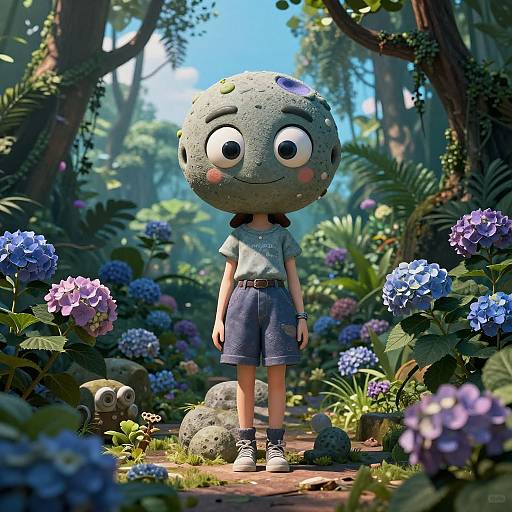Digital CGI image of a cute, anthropomorphic, gray, bumpy-headed creature with wide eyes, wearing a blue shirt and shorts, standing in a