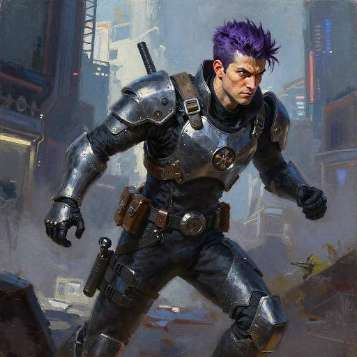 Steely Mercenary Running Cyberpunk City