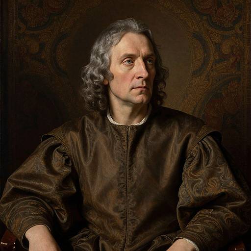 Digital portrait of an older man with gray, wavy hair, wearing a dark, ornate silk robe, against a dark, patterned background.