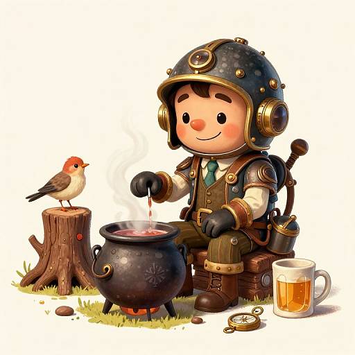 Cute digital illustration of a smiling, armored boy brewing in a black cauldron, with a bird on a stump, mug, and compass.
