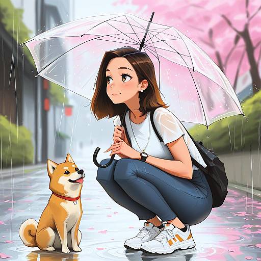 Girl with Dog Under Cherry Blossoms