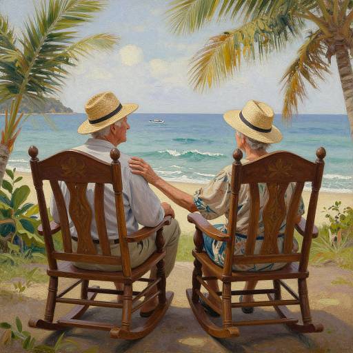 Oil painting of two elderly men in straw hats, wooden rockers, sitting on beach, hand touching, palm trees, ocean view.