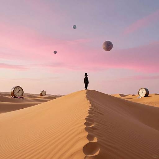 Silhouette of a person standing on a sandy dune, throwing balls at floating planets in a pink and purple sky.