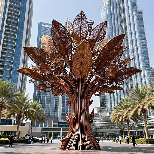 Photograph of a large, rust-colored, leaf-shaped metal sculpture in a modern urban plaza with tall skyscrapers, palm trees, and scattered people
