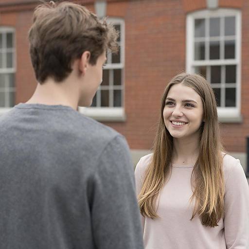Photograph of a smiling young woman with long brown hair, wearing a light pink sweater, standing in front of a brick building with white-framed windows