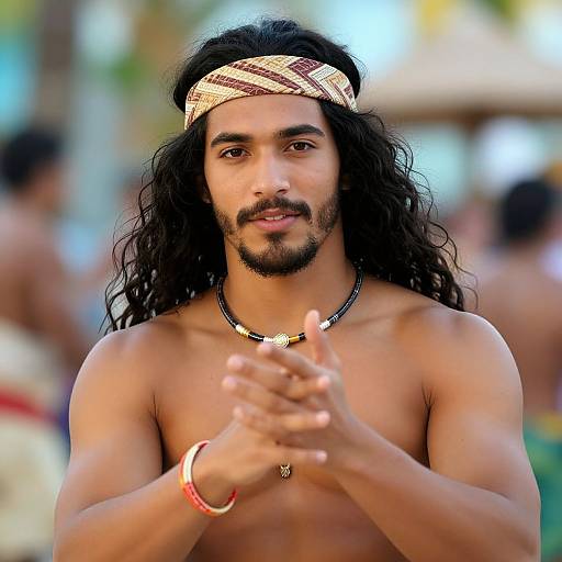 Photograph of a shirtless, dark-haired, bearded man with a woven headband, necklace, and bracelets, clapping hands in a blurred