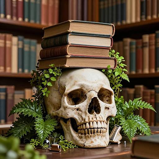 Photograph of a skull with cracked jaw, stacked books, and green foliage, surrounded by books on wooden shelves.