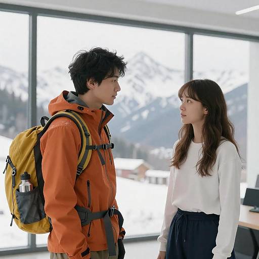 Young Couple Indoors with Snowy Mountain View