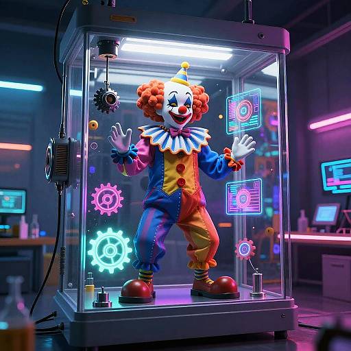 Photograph of a colorful, digital clown in a neon-lit, glass enclosure with glowing gears and symbols in a futuristic lab.