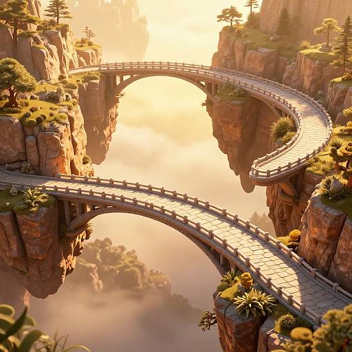 Photorealistic CGI of a curved stone bridge spanning a misty, sunlit canyon with rocky cliffs, greenery, and reflective water below.