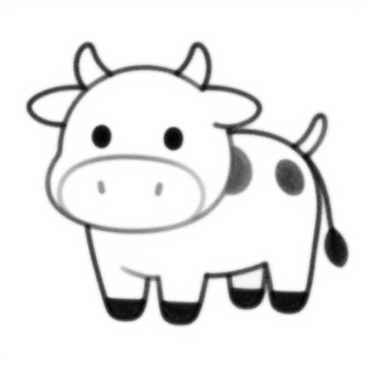 Simple black-and-white digital drawing of a cute, cartoon-style cow with round eyes, black spots, small horns, and hooves.