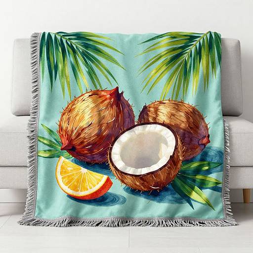 Photorealistic digital artwork of two brown coconuts with a halved coconut and orange slice on a turquoise background, draped over a white couch.