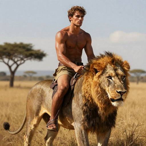 Photograph: Muscular, shirtless man with curly brown hair rides a majestic male lion in a sunlit, golden savanna, with acacia