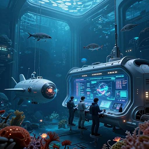 Cyberpunk underwater lab: three scientists interact with a glowing, futuristic control panel surrounded by fish and coral, illuminated by blue light.