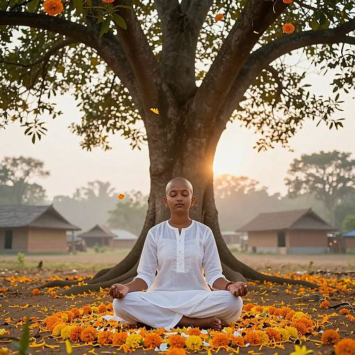 Photograph of a bald man in white traditional attire meditating under a large tree with orange marigold petals scattered around. Sun sets in the background