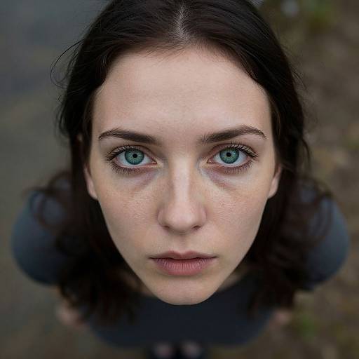 Photograph of a young woman with fair skin, blue eyes, and dark brown hair, looking up with a neutral expression, blurred outdoor background.