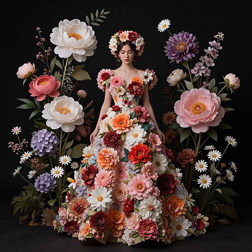 Photograph of a woman in a floral dress and headpiece, surrounded by oversized, colorful flowers, against a black background.