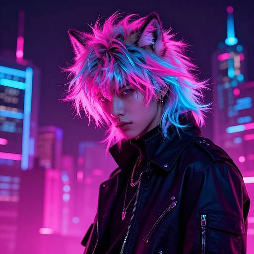 Neon-lit cityscape photograph of androgynous person with spiky, multicolored pink and blue hair, cat ears, black leather