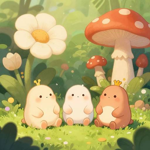 Whimsical digital illustration of three cute, chubby, white and pink creatures with tiny faces, sitting in a sunlit forest, surrounded by large red