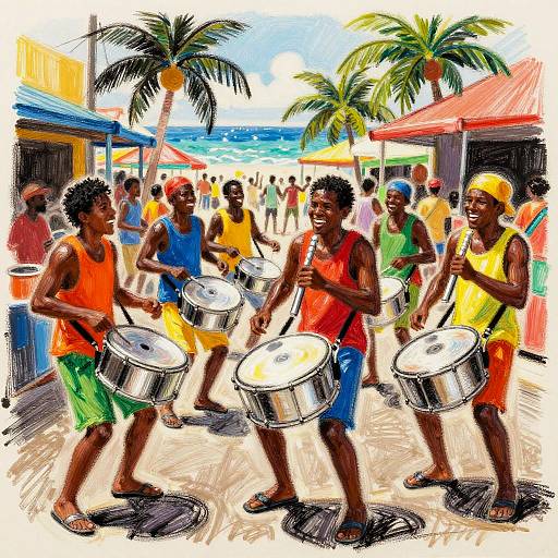 Glazed Oil-Pastel Caribbean Steel Drum Scene