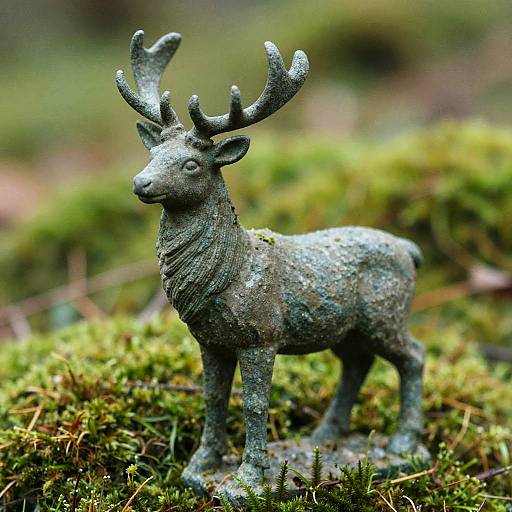 Photograph of a small, detailed, moss-covered bronze deer statue with prominent antlers, standing on a lush, green mossy ground.